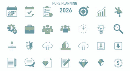 Fototapeta premium Pure Planning 2026 with modern business strategy icons for future growth, financial planning, and innovative business solutions with digital focus
