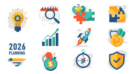 Fototapeta premium Ace your 2026 strategic planning with these engaging business icons, perfect for presentations, websites, and marketing materials