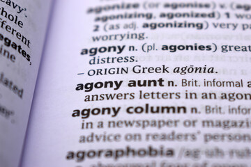 English Dictionary Page Close Up With the Word Of -agony aunt