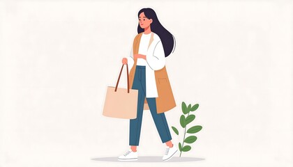 A cartoon woman strolls, carrying a tote bag, with minimal foliage on a soft background