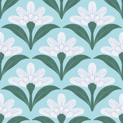 Seamless Hand Drawn Floral Pattern with White Flowers on Blue Background