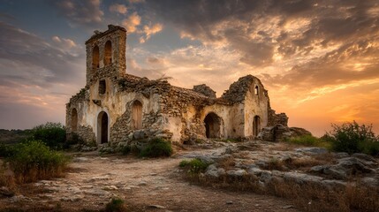 Weathered stone structure stands atop a rocky hill against a dramatic sunset sky