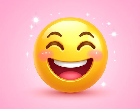 A cheerful, 3D-rendered yellow face with a wide open mouth, rosy cheeks, and shining sparkles