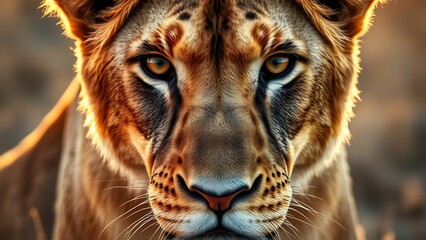 Fototapeta premium Lioness with a focused gaze, showcasing detailed fur under warm savanna sunlight.