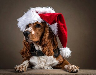 A brown and white dog wearing a red and white Santa hat, with brown background