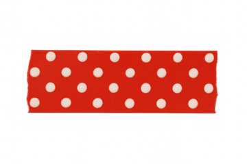 Red sticky tape strip with white polka dot pattern for scrapbooking and creative projects, transparent background