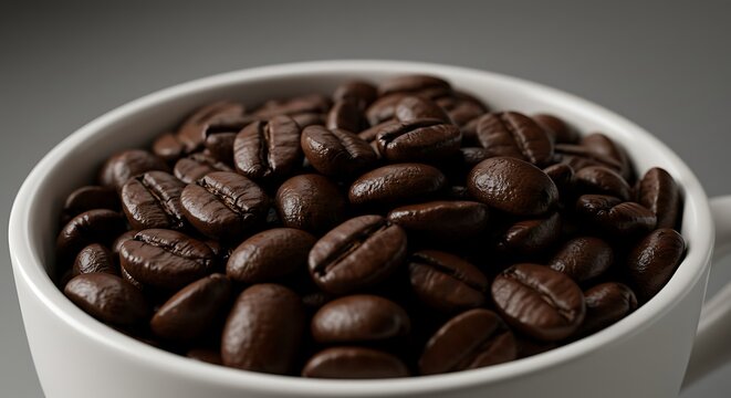 A close-up shot of a white cup overflowing with freshly roasted, dark brown coffee beans - Powered by Adobe