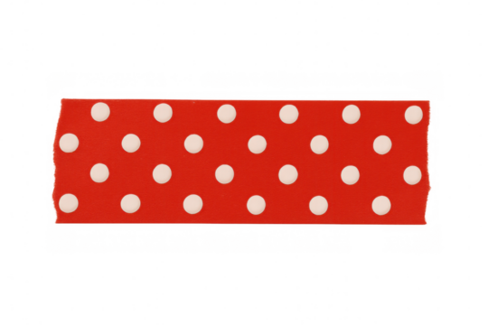 Red sticky tape strip with white polka dot pattern for scrapbooking and creative projects, transparent background