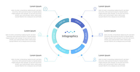 A sleek vector design featuring 6 connected circular steps. Perfect for illustrating processes, workflows, timelines, or marketing data in presentations, banners, and flowcharts.