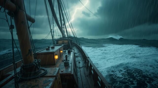 Rough seas and storm batter an old wooden sailing ship with huge waves crashing over the deck and lightning in the dark sky