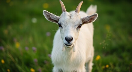 Obraz premium A close-up shot of a white goat in a field, with selective focus