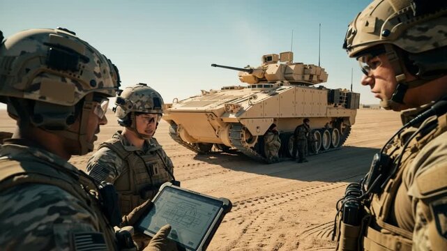 Close-up of three soldiers planning an operation in the desert using a digital tablet with an armored vehicle in the background