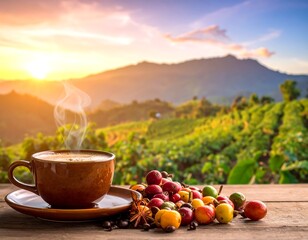 A brown coffee cup sits on a wooden table with coffee beans and berries; mountains are in the background