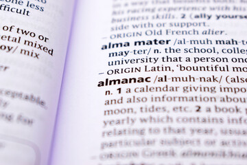 English Dictionary Page Close Up With the Word Of -almanac