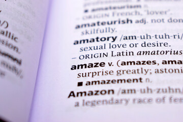Close Up Of English Dictionary Page With Word - amaze