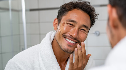 Man in bathrobe applying cream on his face in front of mirror in bathroom