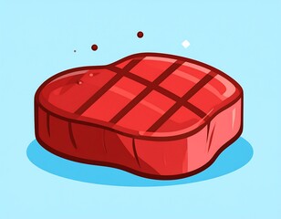 A cartoonish depiction of a grilled steak, featuring vibrant red and pink hues, atop a blue surface