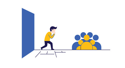 Man Peeking Out From Behind Door Towards Group Of People