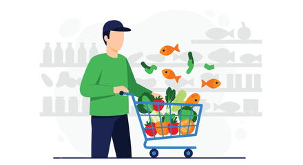 Man Pushing Shopping Cart Filled With Fresh Healthy Groceries And Vegetables
