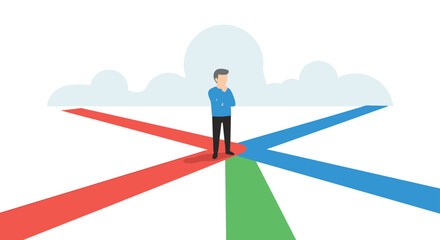 Fototapeta premium Man Standing at Crossroads Facing Multiple Paths of Different Colors