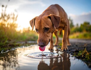 A brown dog laps water from a puddle, captured with natural light and a slightly blurred background