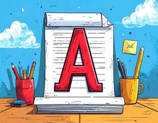 A cartoonish depiction of a document with a large red letter A and writing tools