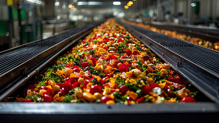 Food waste processing on a conveyor belt in a facility Generative AI