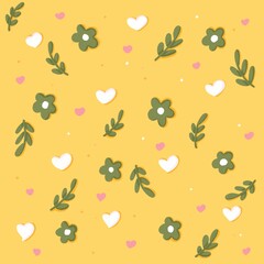 Floral Pattern With Hearts on Yellow Background