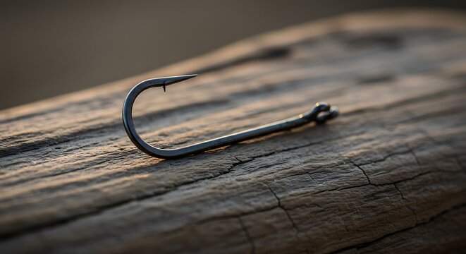 A close-up shot of a single fish hook resting on a weathered wooden surface, natural lighting