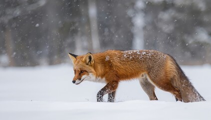 Obraz premium A Winters Tale. Crimson Fur Against the Snowy Canvas, Whispers of the Wild.