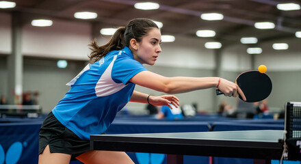 Female table tennis player in action during an intense match in an indoor sports arena