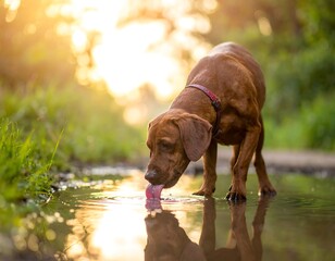 A brown dog with a red collar, drinks water from a puddle, with sunlight in the background