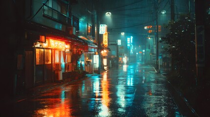 Wet metropolitan alleyway displays vibrant neon reflections on a rainy evening