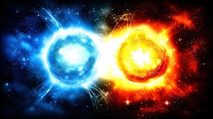 Obraz premium difference. Two stem cells side by side, one vibrant on Earth, the other withered in starry space. STEM education sheets, lab safety posters, designed for biotech research communications.