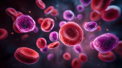 Microscopic view depicts circulating blood cells with varied structures and colorations