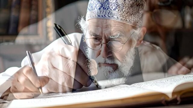 A scholar engrossed in writing, surrounded by ancient wisdom and knowledge