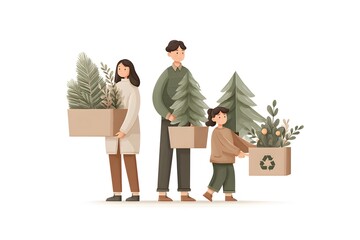 A family unpacking recyclable paper boxes filled with holiday decor made of natural materials
