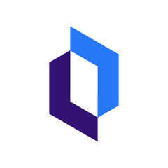 Isometric letter D monogram in purple and blue forming geometric 3D building structure symbolizing architecture and technology.
