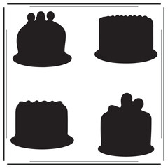 Set of Four Cake Silhouettes - Black and White Dessert Illustrations with Various Shapes, Minimalist Bakery and Sweet Treat Icons for Food Designs