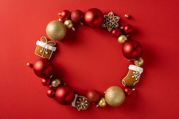 A festive holiday wreath features red and gold ornaments, gingerbread stockings, and a snowflake cookie arranged in a circle against a bright red backdrop, conveying celebration and seasonal warmth