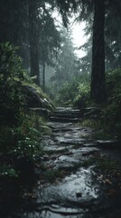 Obraz premium Misty Forest Trail With Rain-Soaked Stone Pathway