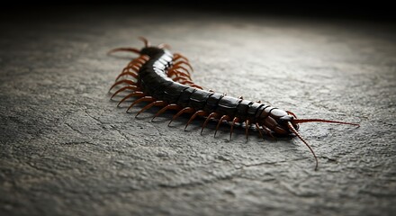 Fototapeta premium A close-up shot of a centipede crawling on a textured stone surface, lit from above