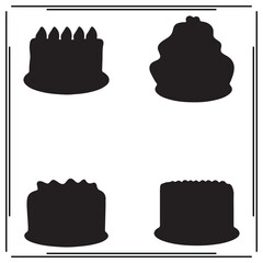 Set of Four Cake Silhouettes - Black and White Cake Illustrations with Different Shapes, Minimalist Dessert Icons for Bakery and Food Design
