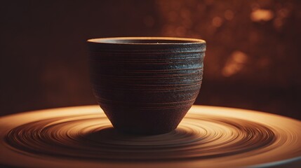 Finished earthenware vessel rests on a rotating potter's wheel under warm illumination
