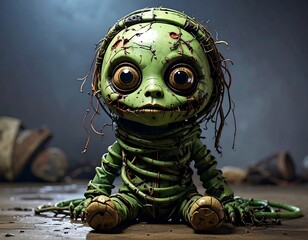 A cartoonish, slightly creepy green creature with large eyes, seated in a dimly lit space