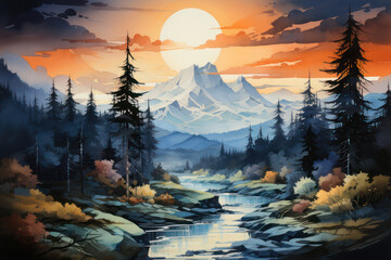 Watercolor beautiful mountains and river at sunset. AI generative.