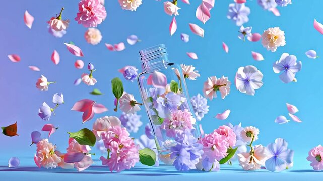 Bright flowers in various colors burst from a transparent glass jar. Petals scatter in the air, creating a vibrant scene with a soft blue backdrop. This lively arrangement showcases natural beauty.