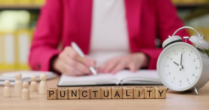 Writing focuses on punctuality with a clock and blocks in a cozy workspace featuring warm colors and soft lighting