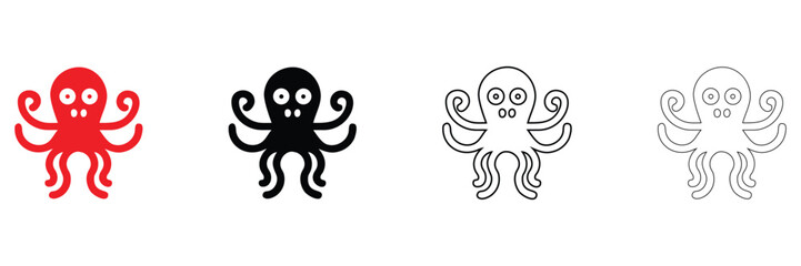 Octopus icon vector illustration, octopus with tentacles symbol vector, silhouette and line art