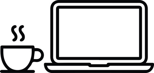 Laptop and coffee cup icon, simple outline vector illustration line art